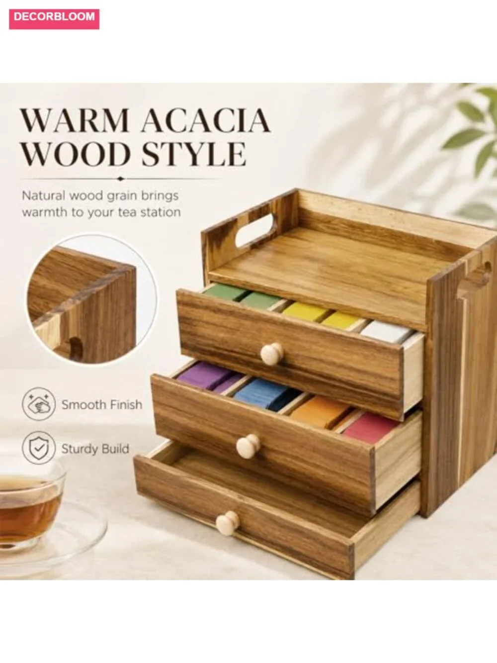 3-Tier Acacia Wood Tea Bag Organizer with 14 Compartments and Drawer